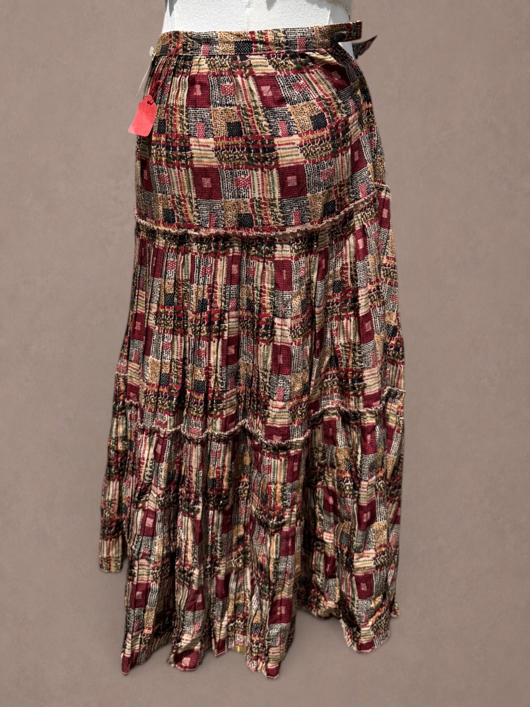 Patchwork Print 1970s Rayon Prairie Skirt