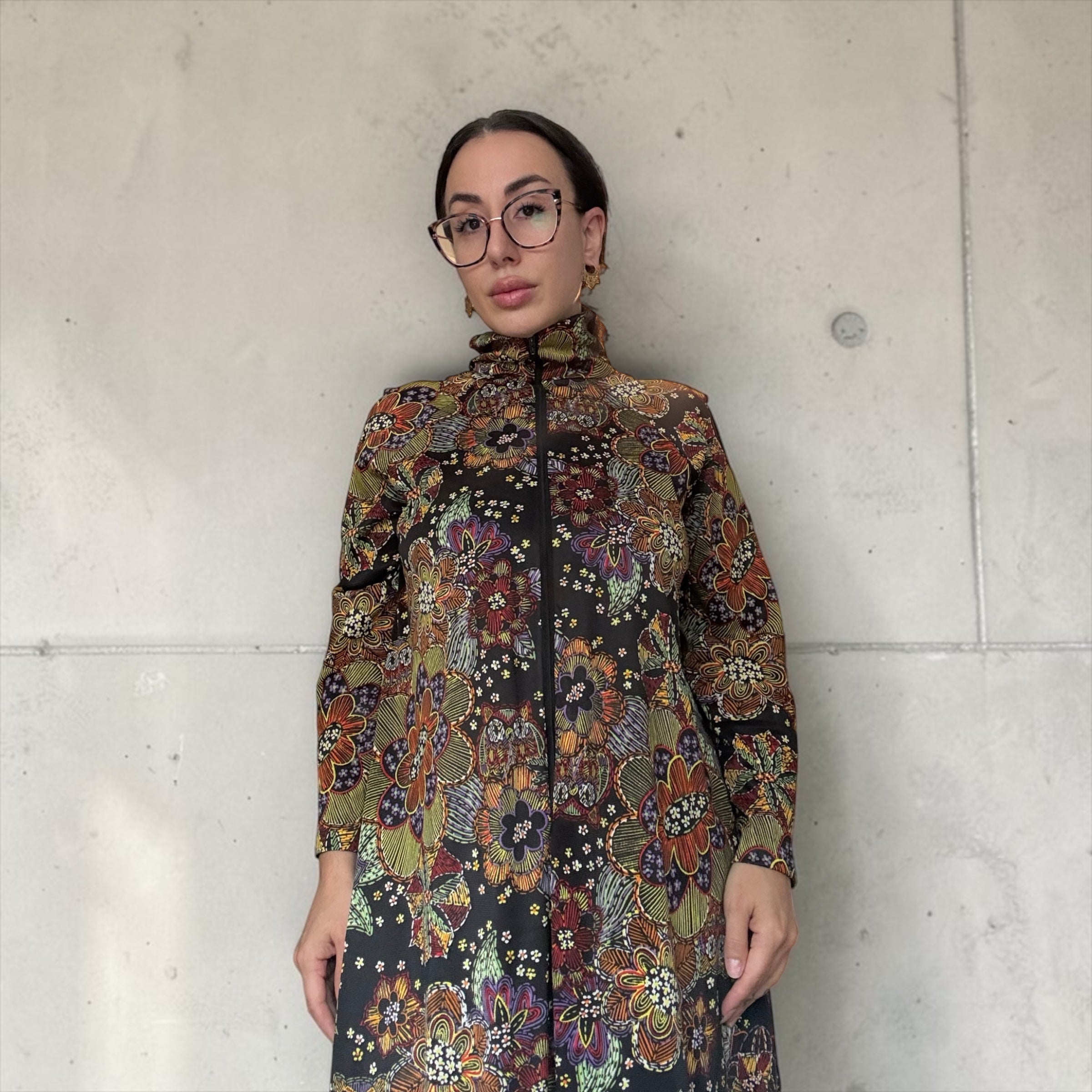 Psychedelic Owl Print 70s Zip Front Hostess Dress by Butterfield 8