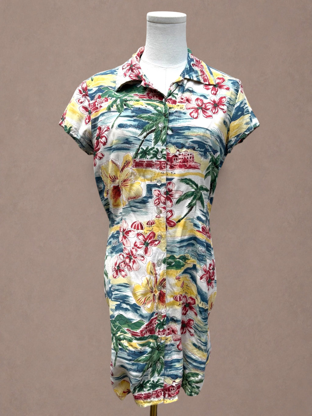 Limited America 80s Hawaiian Postcard Print Rayon Shirt Dress
