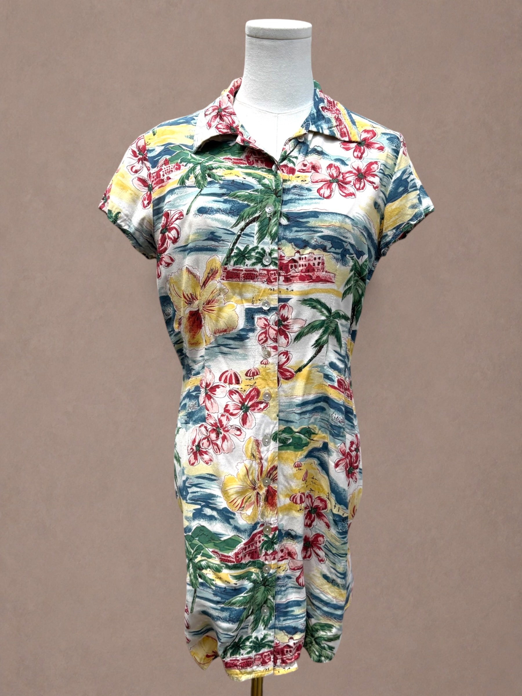 Limited America 80s Hawaiian Postcard Print Rayon Shirt Dress