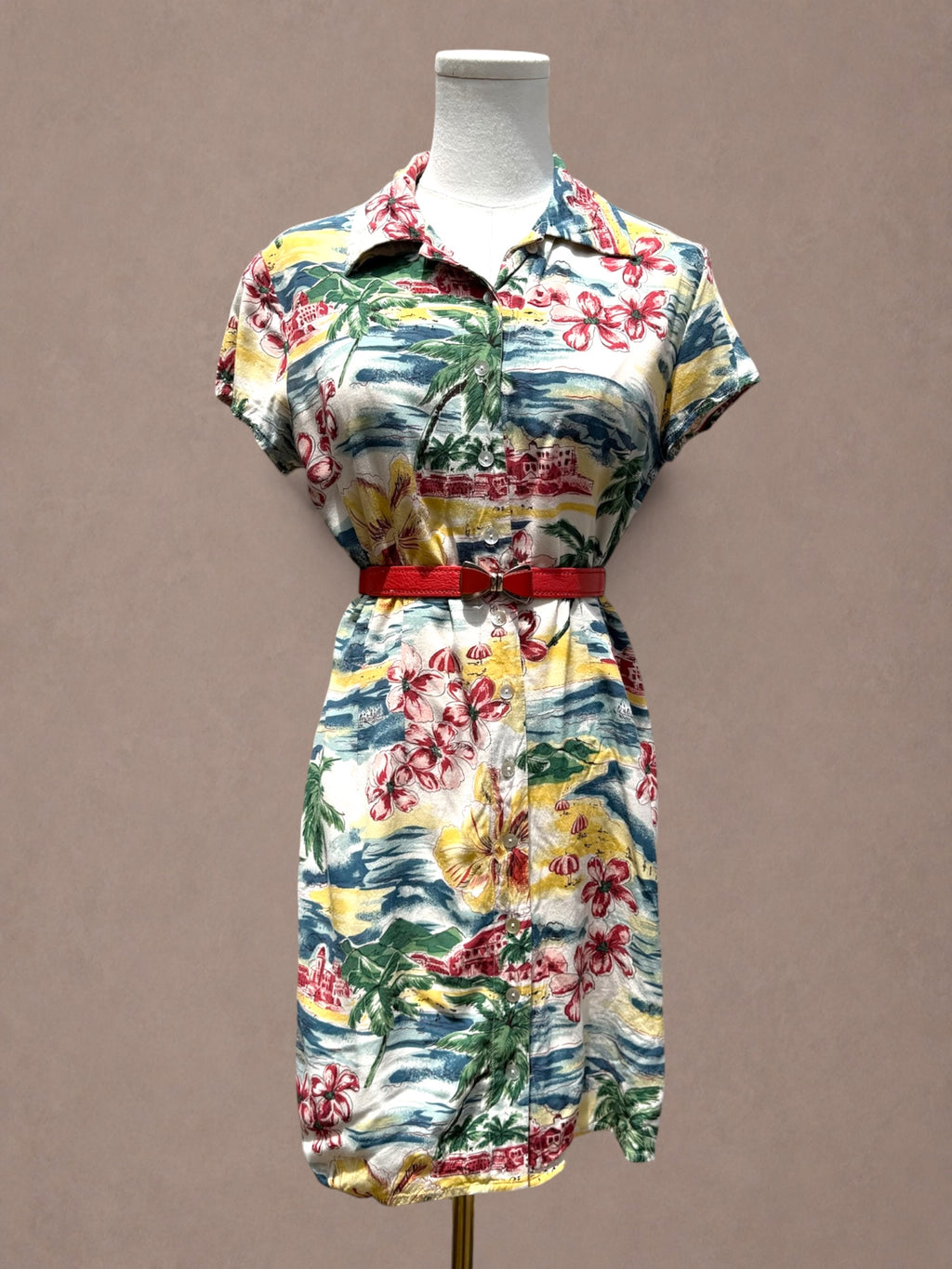Limited America 80s Hawaiian Postcard Print Rayon Shirt Dress
