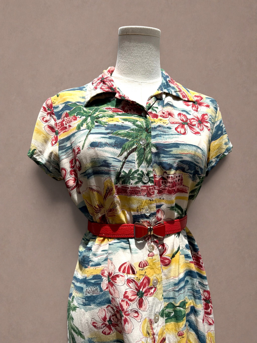 Limited America 80s Hawaiian Postcard Print Rayon Shirt Dress
