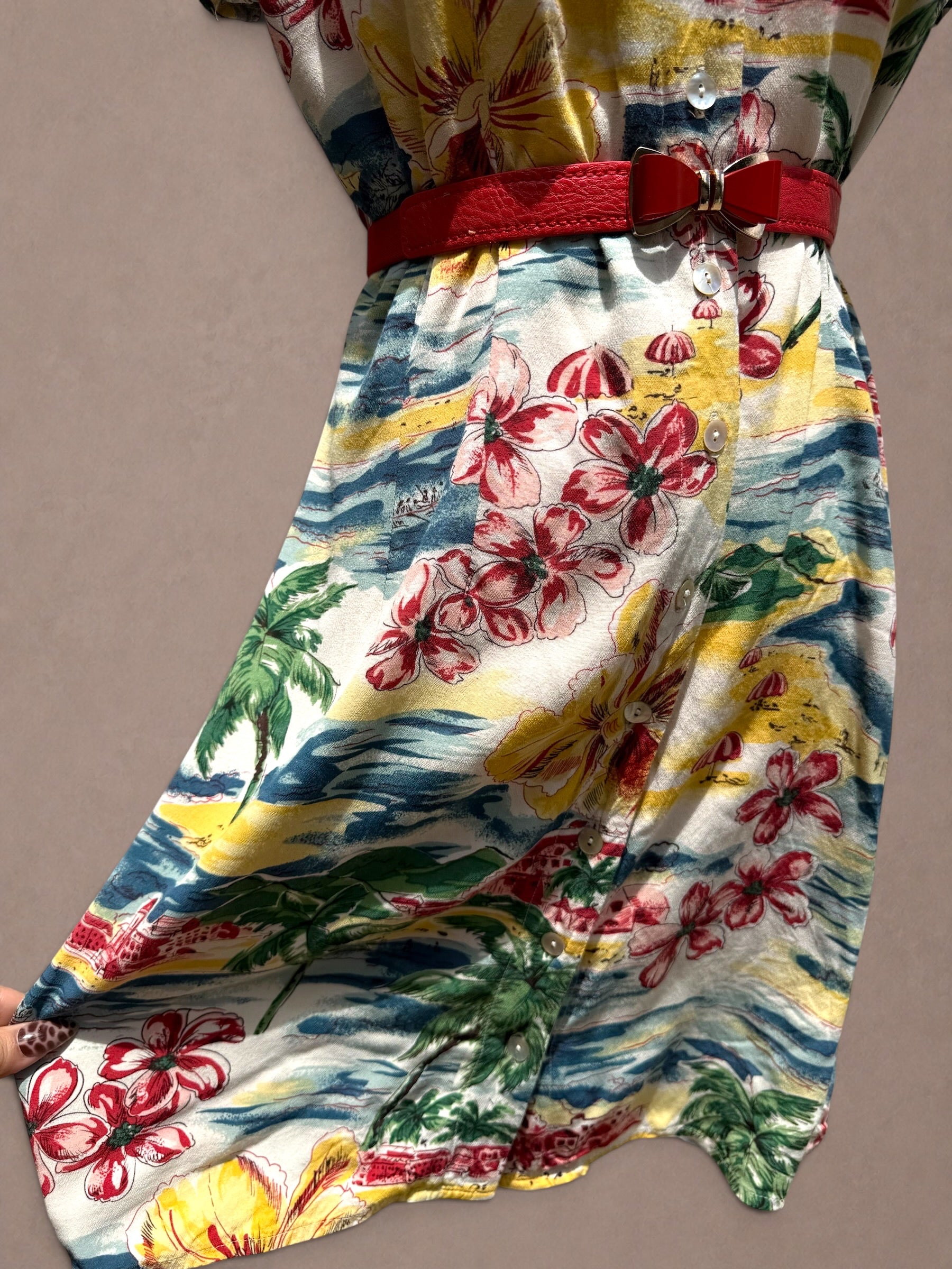 Limited America 80s Hawaiian Postcard Print Rayon Shirt Dress