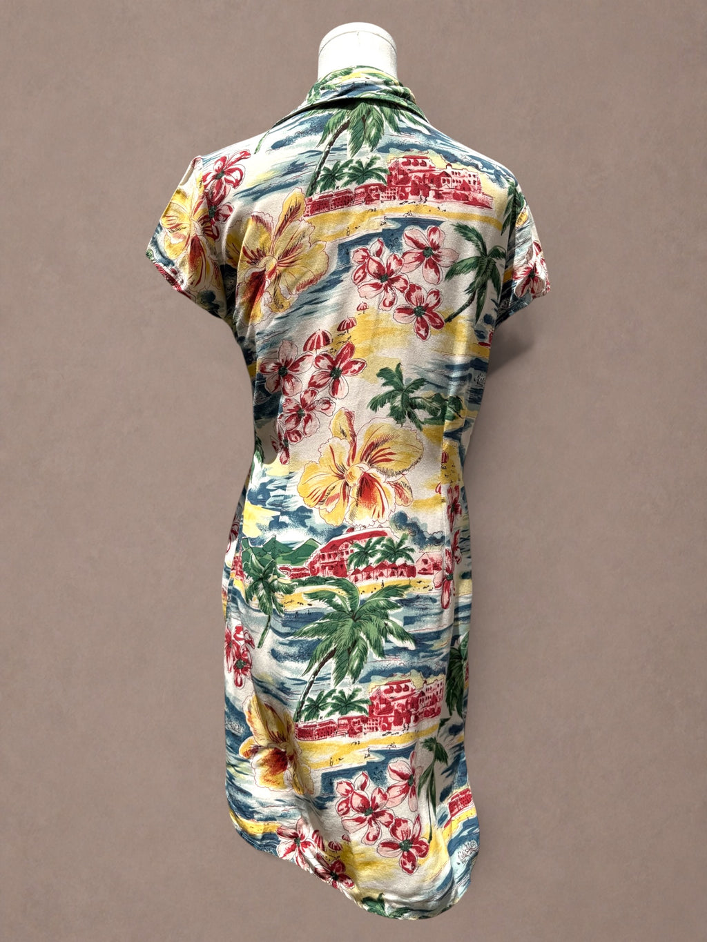 Limited America 80s Hawaiian Postcard Print Rayon Shirt Dress
