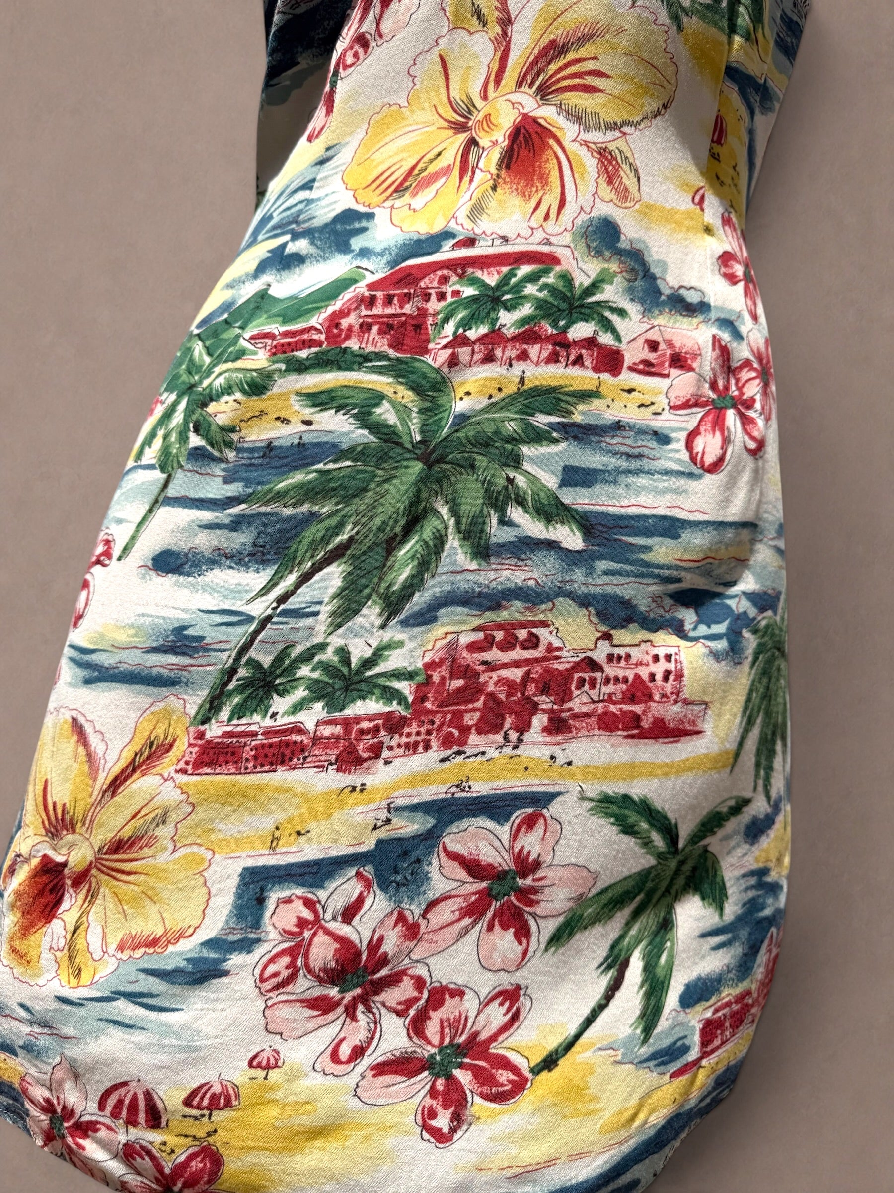 Limited America 80s Hawaiian Postcard Print Rayon Shirt Dress
