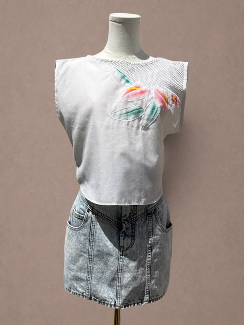 Aqua Acid Wash Denim 80s-Inspired Mini Skirt with V Waistband
