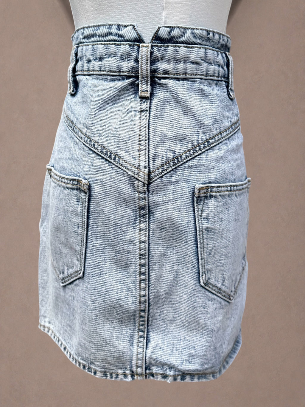 Aqua Acid Wash Denim 80s-Inspired Mini Skirt with V Waistband