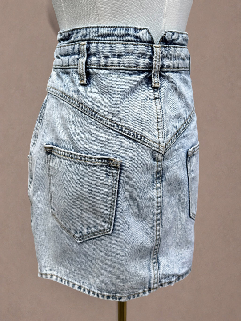 Aqua Acid Wash Denim 80s-Inspired Mini Skirt with V Waistband