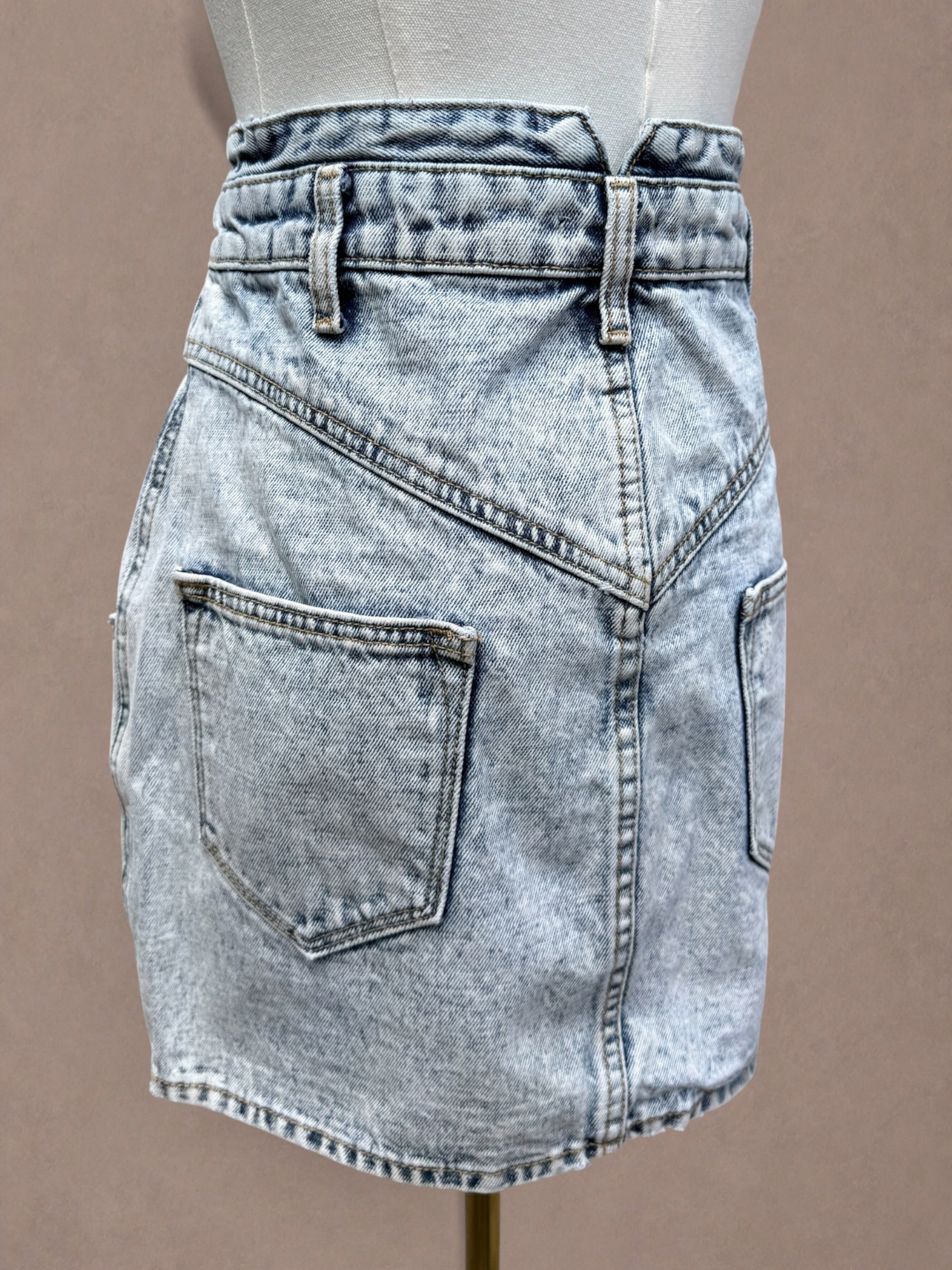 Aqua Acid Wash Denim 80s-Inspired Mini Skirt with V Waistband