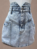 Aqua Acid Wash Denim 80s-Inspired Mini Skirt with V Waistband