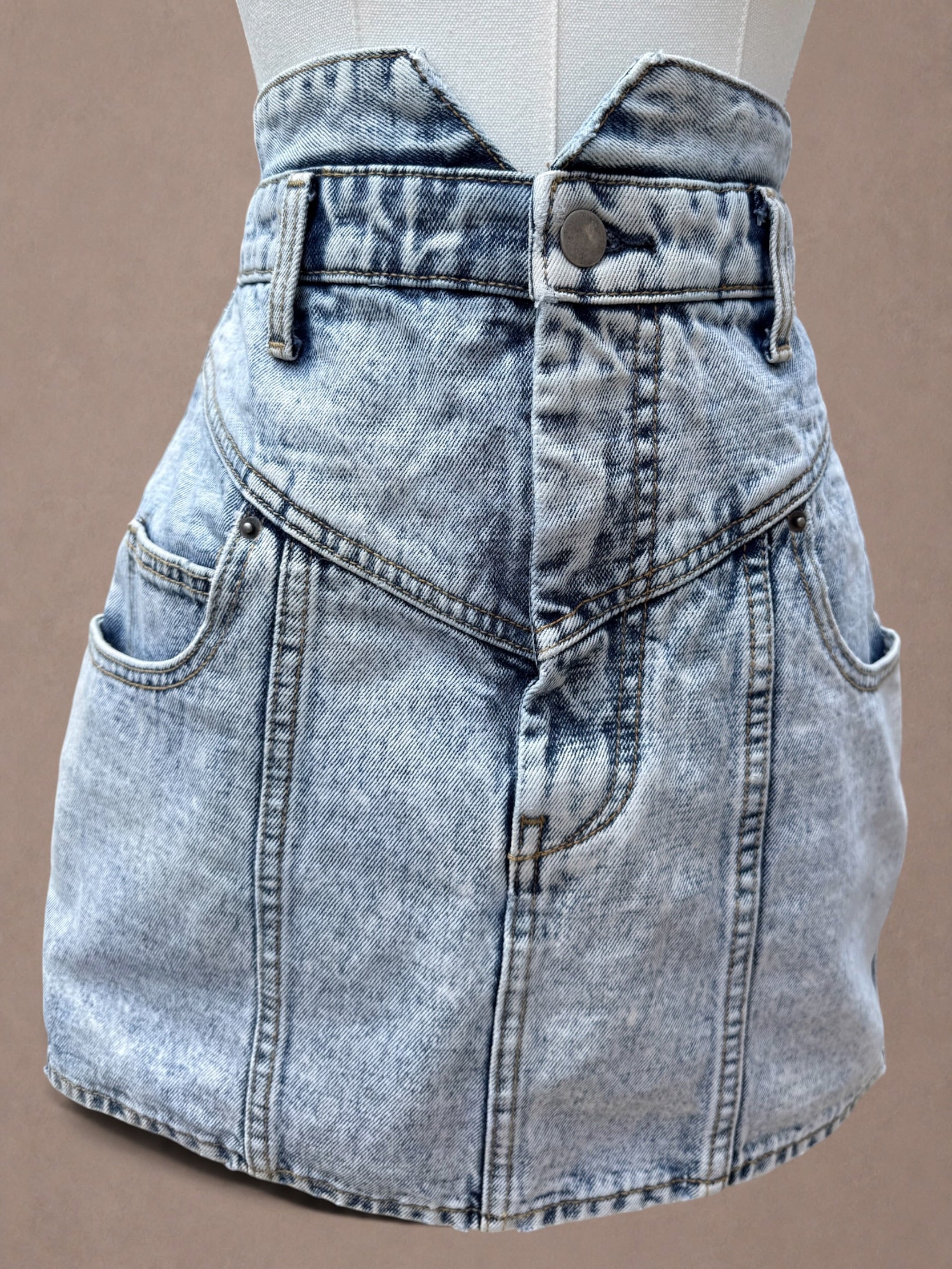 Aqua Acid Wash Denim 80s-Inspired Mini Skirt with V Waistband