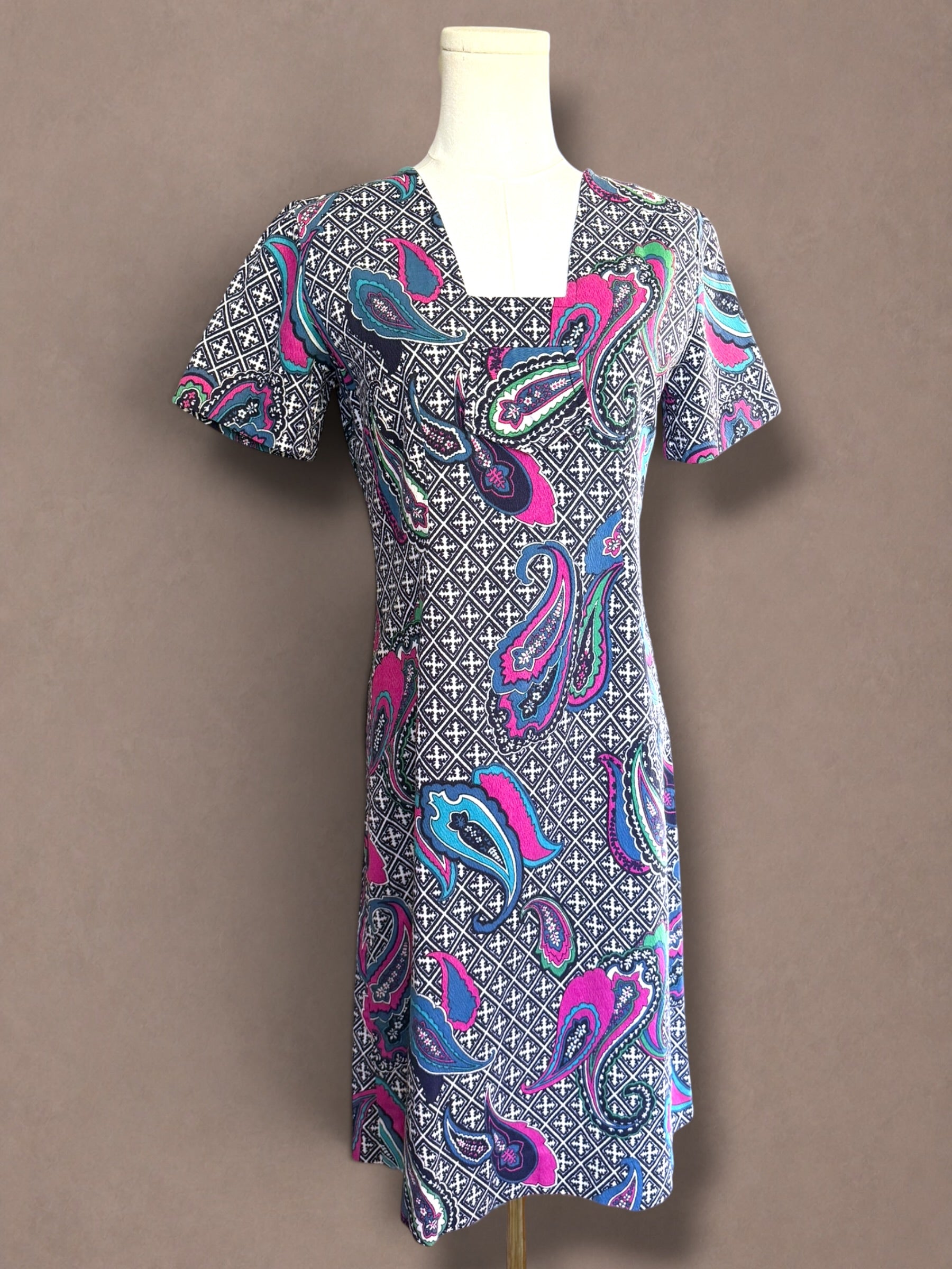 Pink & Turquoise 60s Paisley Print Barkcloth Dress