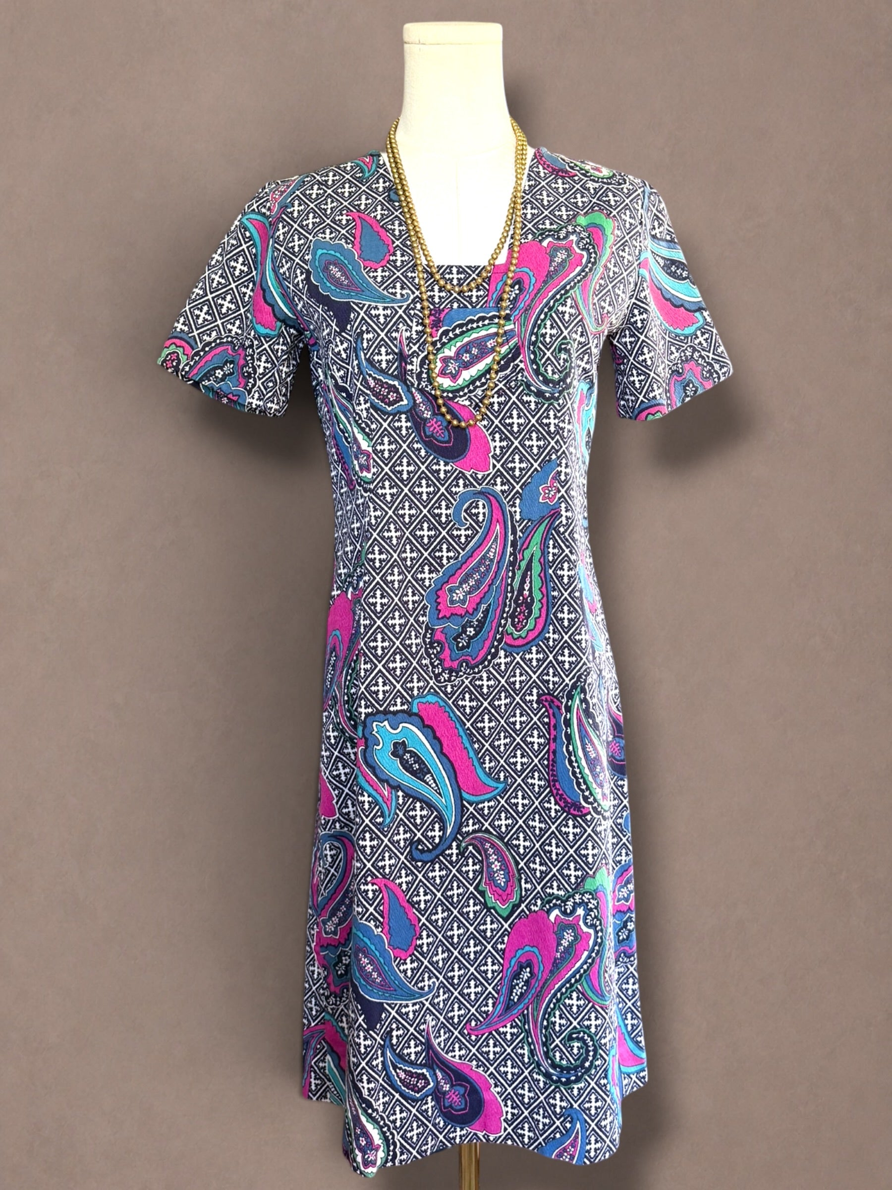 Pink & Turquoise 60s Paisley Print Barkcloth Dress