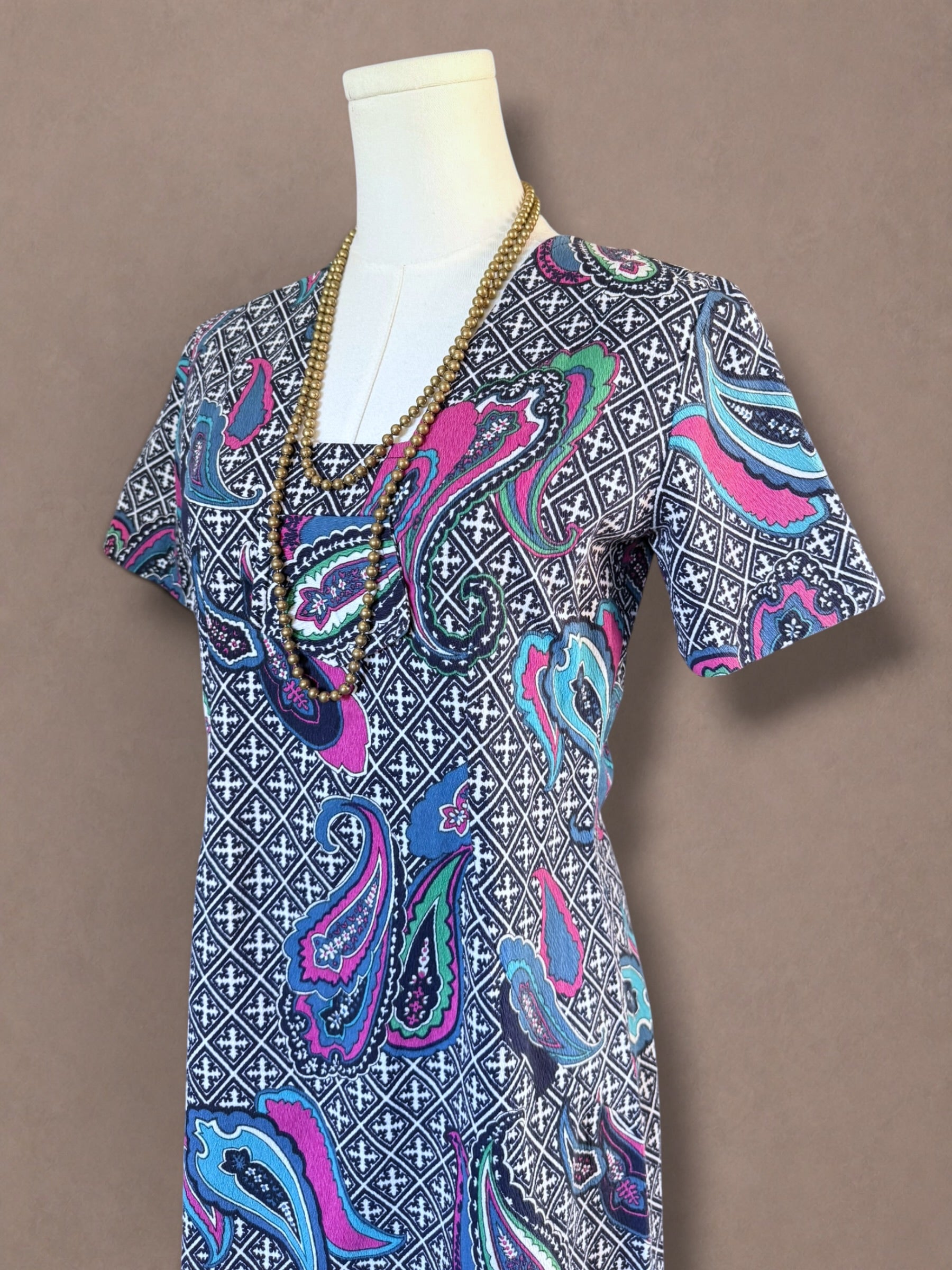 Pink & Turquoise 60s Paisley Print Barkcloth Dress