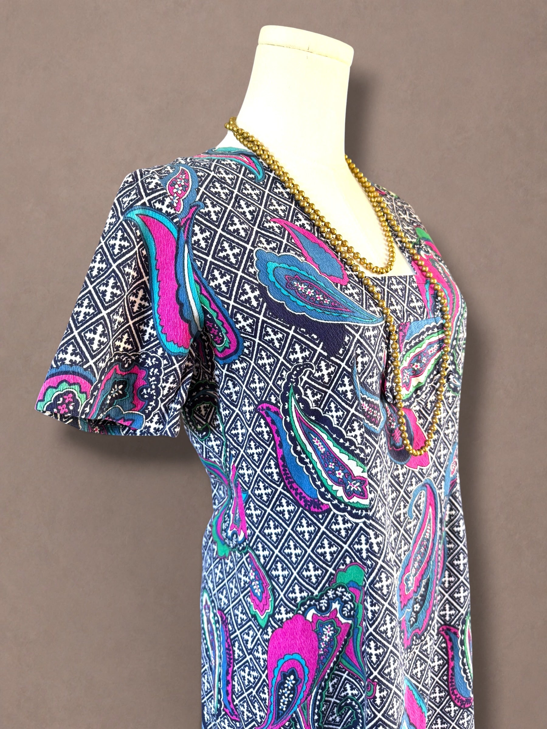 Pink & Turquoise 60s Paisley Print Barkcloth Dress