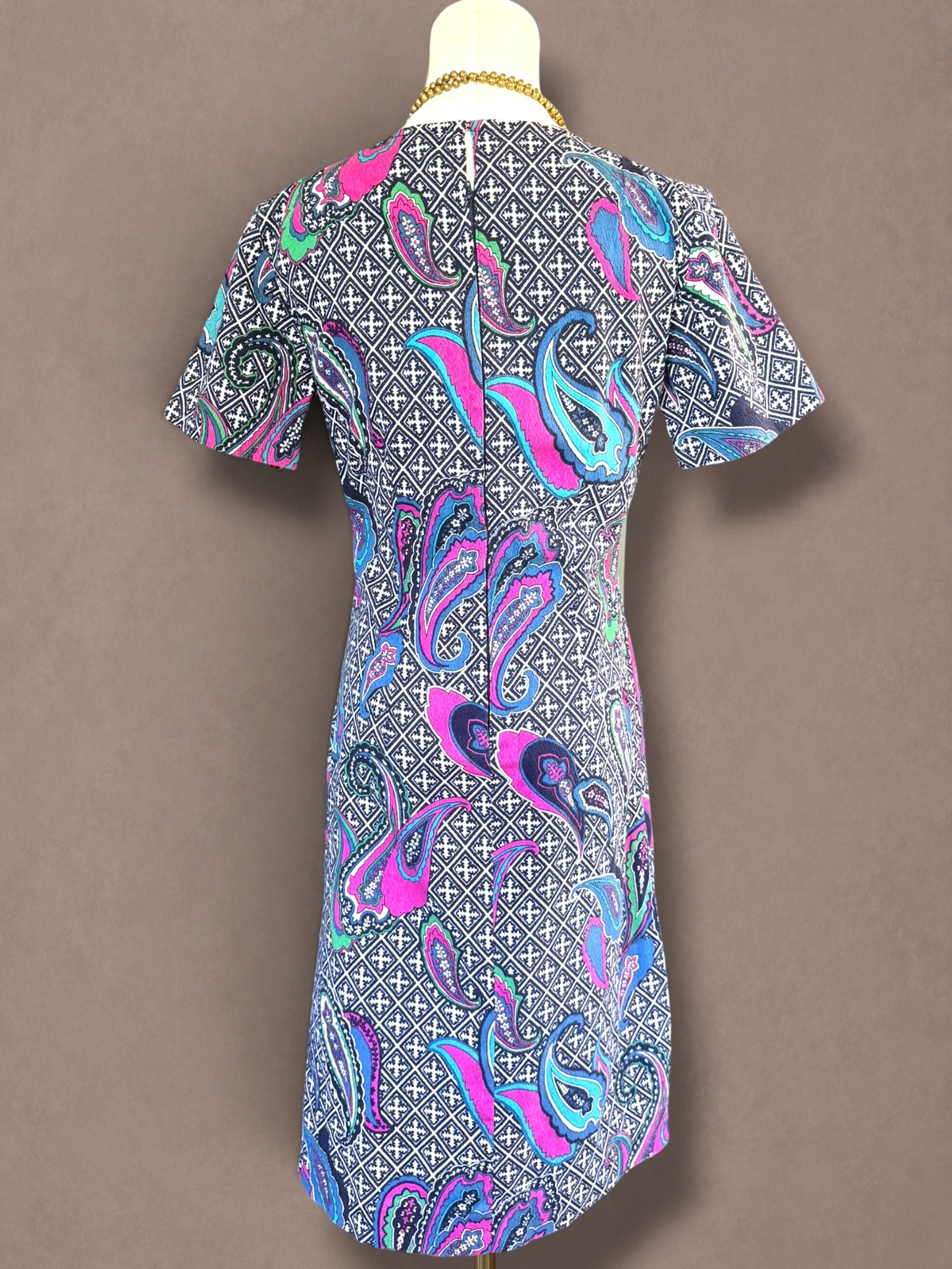 Pink & Turquoise 60s Paisley Print Barkcloth Dress