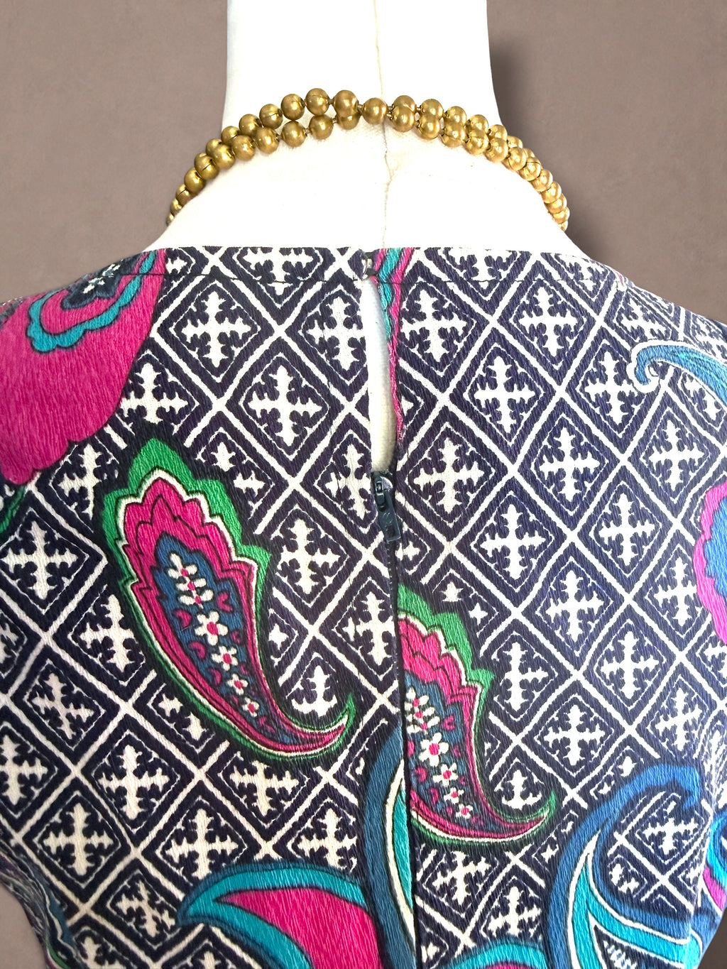 Pink & Turquoise 60s Paisley Print Barkcloth Dress